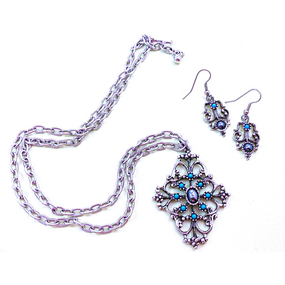 Avon Mirabella, 1974, Pendant & Clip-on Earrings, Hematite & Faux Turquoise - Picture 1 of 5